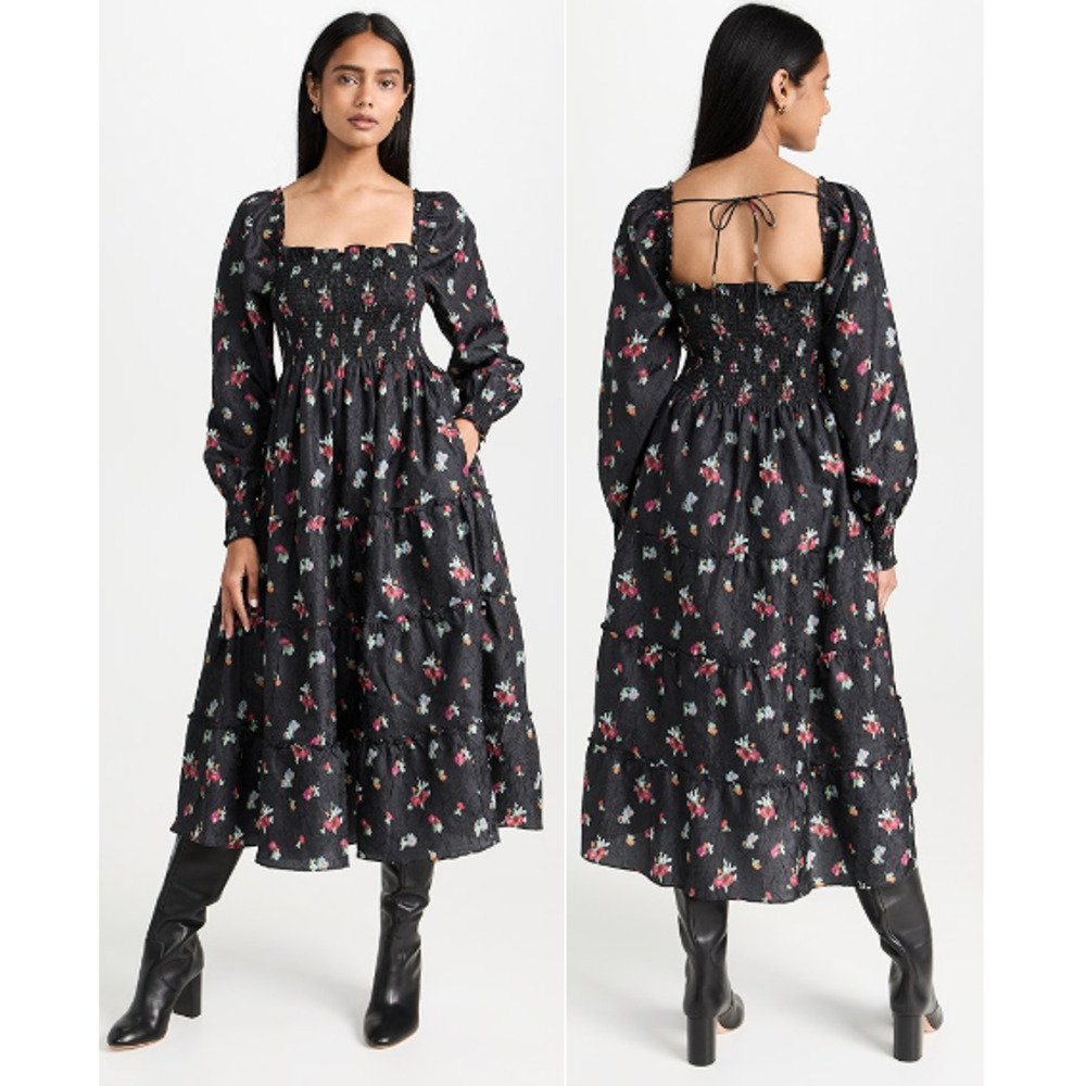 Hill House Home The Naomi Nap A-Line Dress Black Ikat Floral Crushed Taffeta S